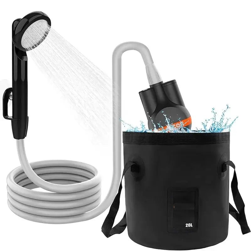 Campingdusche mit Pumpe, Schlauch, Duschkopf und faltbarem 20-Liter-Eimer