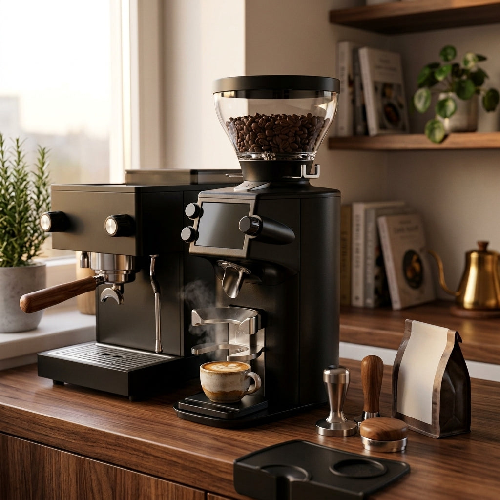 Espressomühle mit frisch gemahlenem Kaffee in einer ruhigen Küche